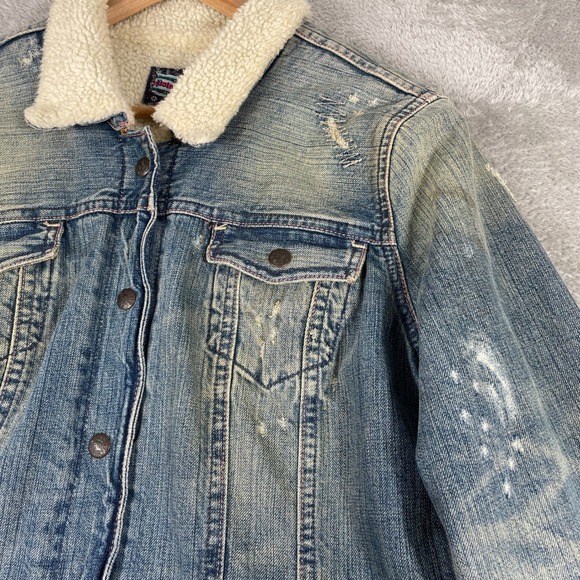 Y2K Polo Jeans Ralph Lauren Denim Jacket Womens XL Sherpa Lined Distressed 2000s - Picture 7 of 16